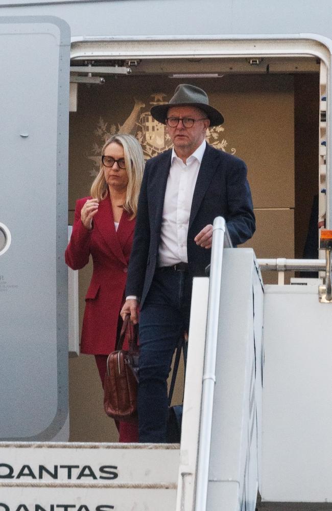 Australian Prime Minister Anthony Albanese lands in Sydney with partner Jodie Haydon on Saturday following their trip to the US. Picture: David Swift