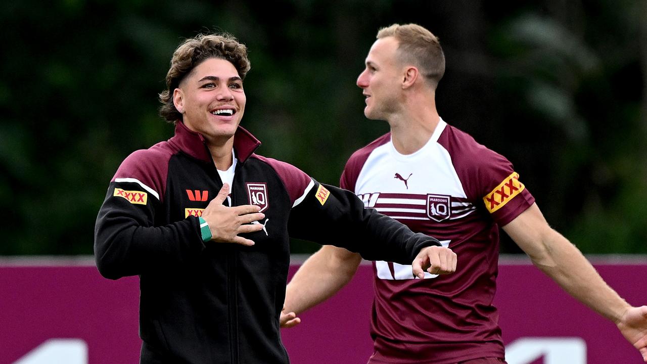 Reece Walsh and Daly Cherry-Evans at Maroons training. (Photo by Bradley Kanaris/Getty Images)