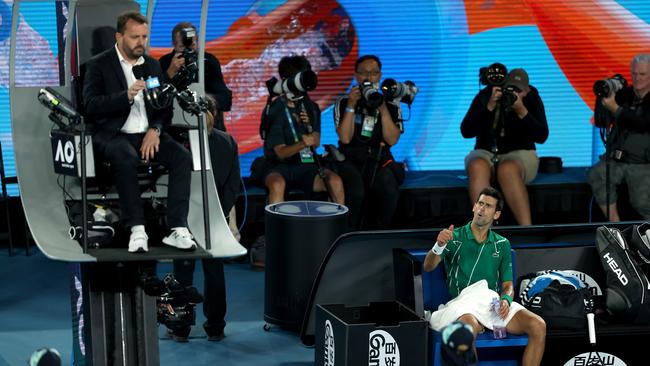 Novak Djokovic had a running battle with chair umpire Damien Dumusois. Picture: Clive Brunskill/Getty