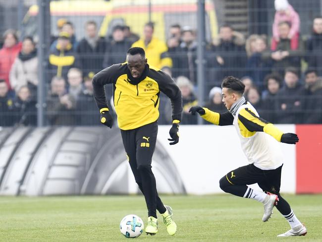 Usain Bolt training with Bundesliga club Dortmund. Picture: AFP