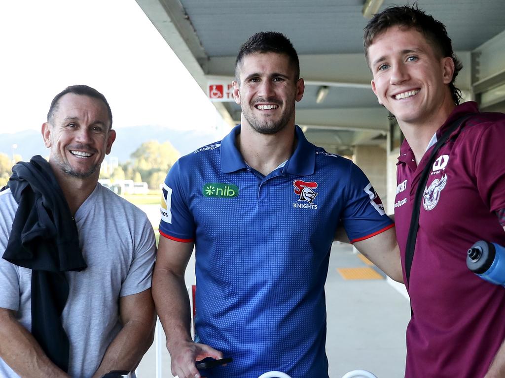 Matty Johns last year with his sons, Jack Johns of the Knights and Cooper Johns of the Sea Eagles, before they retired from rugby league. Picture: Getty Images