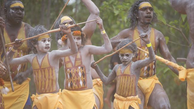 Ceremonial dance during the Garma Festival in northeast Arnhem Land, Northern Territory, Friday, July 29, 2022. (AAP Image/Aaron Bunch)