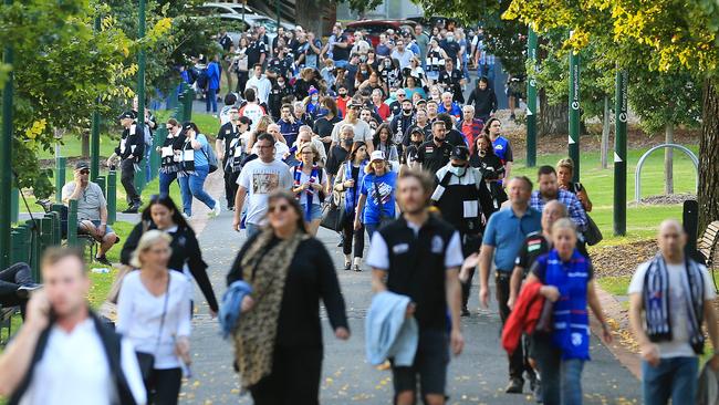 Fans flock to the MCG for the Collingwood Magpies versus Western Bulldogs game. Picture: Mark Stewart