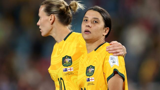 Sam Kerr is consoled by Emily Van-Egmond. Picture: Brendon Thorne/Getty Images