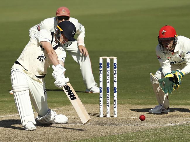 Star Waratah allrounder James Seymour hits a shot through the covers during his 60 on his Sheffield Shield debut against South Australia. Picture: Darrian Traynor/Getty Images