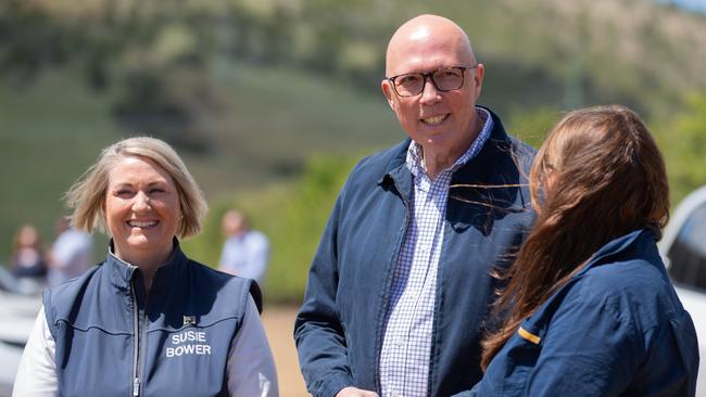 TASMANIA, AUSTRALIA - NewsWire Photos - Sunday, 10 November 2024:  Leader of the Opposition Peter Dutton at Littlewood Berry Farm in Richmond, Tasmania with Liberal candidate for Lyons Susie Bower and owner of Littlewood Berry Farm, Sophia Johnson. Picture: NewsWire / Linda Higginson