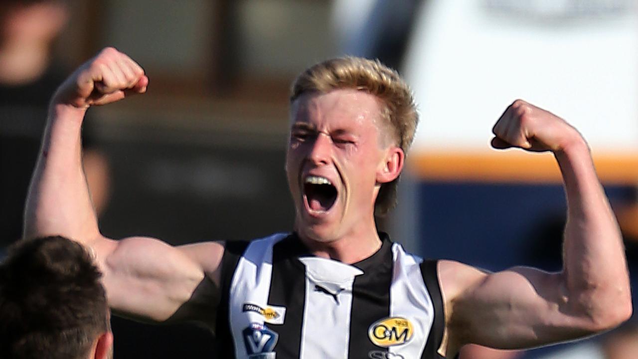 Joe Richards celebrates a goal for the Wangaratta Magpies. Picture: Yuri Kouzmin