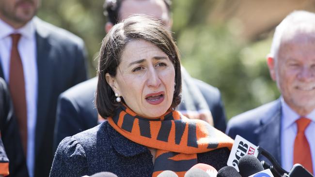 NSW Premier Gladys Berejiklian, before GWS Giants’s AFL grand final in Melbourne, could be spooked by the idea of activist opposition to new dams. Picture: Dylan Robinson