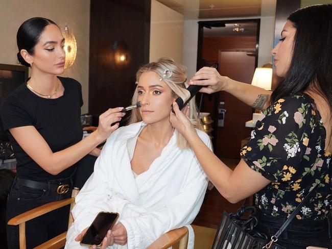 Make up artist Ash Holm, left, with Very Cavallari reality star Kristin Cavallari (centre) mid-glam session. Picture: Instagram