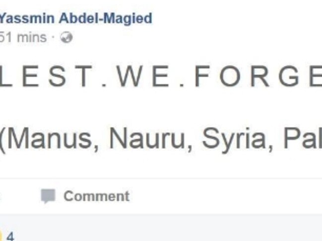 Abdel Magied’s controversial Facebook post on Anzac Day she later deleted.