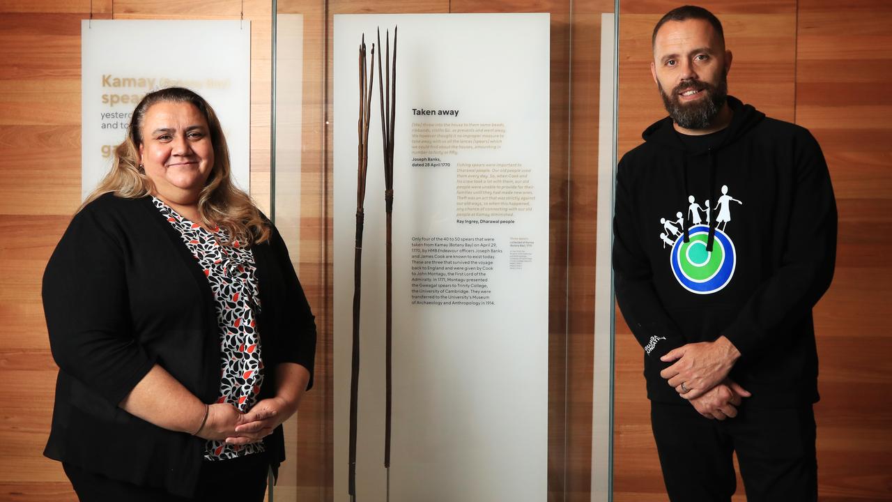 La Perouse Aboriginal community elders Noeleen Timbery and Gujaga Foundation chair Ray Ingrey at the installation of three Kamay spears at the Chau Chak Wing Museum, University of Sydney in 2022. Picture: John Feder/The Australian