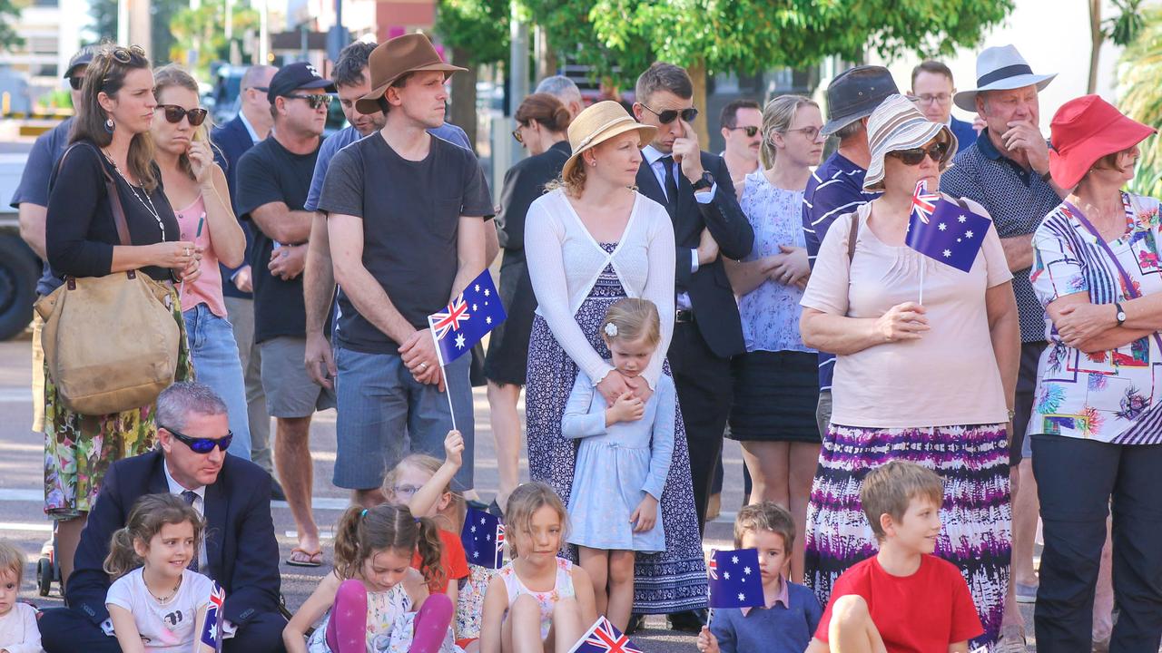 Darwin lines the street at the march on Darwin's Knuckey St commemorating ANZAC Day 2021. Picture Glenn Campbell