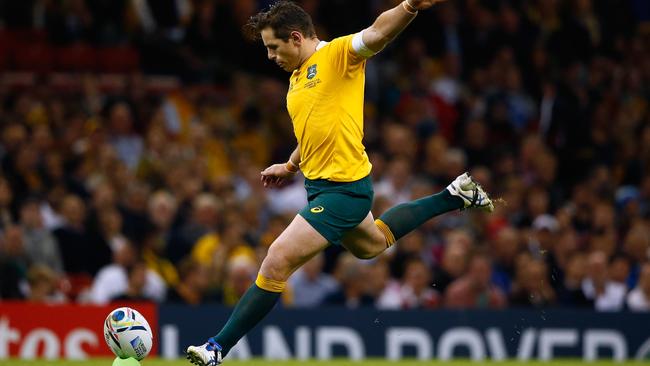 CARDIFF, WALES - SEPTEMBER 23: Bernard Foley of Australia kicks at goal during the 2015 Rugby World Cup Pool A match between Australia and Fiji at the Millennium Stadium on September 23, 2015 in Cardiff, United Kingdom. (Photo by Stu Forster/Getty Images)