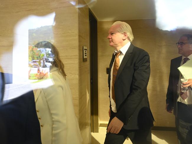 Julian Assange arriving at the US Federal Courthouse in Saipan ahead of his hearing. Picture: AFP