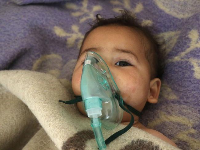 A Syrian child receives treatment at a small hospital in the town of Maaret al-Noman following a suspected toxic gas attack in Khan Sheikhun. Picture: AFP.