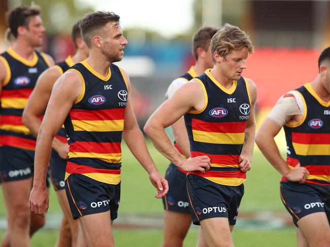 Crows captain Rory Sloane leads his side off Metricon Stadium after losing to Fremantle on July 5, 2020. Picture: CHRIS HYDE/GETTY IMAGES