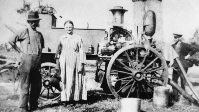 Carl and Caroline Schulz with the Mary Ann Steam Engine, 1873. Queensland’s first steam-powered locomotive, the Mary Ann, revolutionised timber transportation in Tin Can Bay. Source: Moreton Bay &amp; More