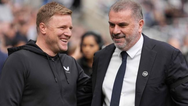 Newcastle United's English head coach Eddie Howe (L) and Tottenham Hotspur's Greek-Australian Head Coach Ange Postecoglou (R) chat ahead of kick-off in the English Premier League football match between Newcastle United and Tottenham Hotspur at St James' Park in Newcastle-upon-Tyne, north east England on April 13, 2024. (Photo by Andy Buchanan / AFP) / RESTRICTED TO EDITORIAL USE. No use with unauthorized audio, video, data, fixture lists, club/league logos or 'live' services. Online in-match use limited to 120 images. An additional 40 images may be used in extra time. No video emulation. Social media in-match use limited to 120 images. An additional 40 images may be used in extra time. No use in betting publications, games or single club/league/player publications. /