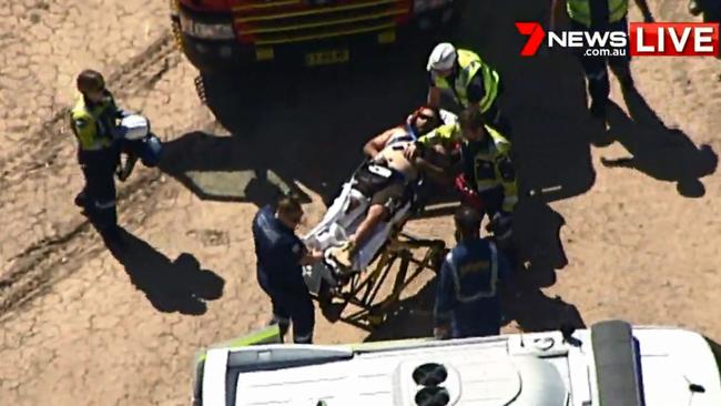 Emergency services attending a workplace accident where a worker has fallen into a large hole in Marsden Park. Picture: 7NewsSydney/twitter