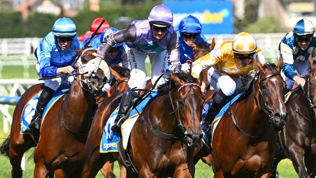 Jamie Kah rides Hayasugi to victory in the Group 1 Blue Diamond Stakes in 2024 Picture: Vince Caligiuri/Getty Images