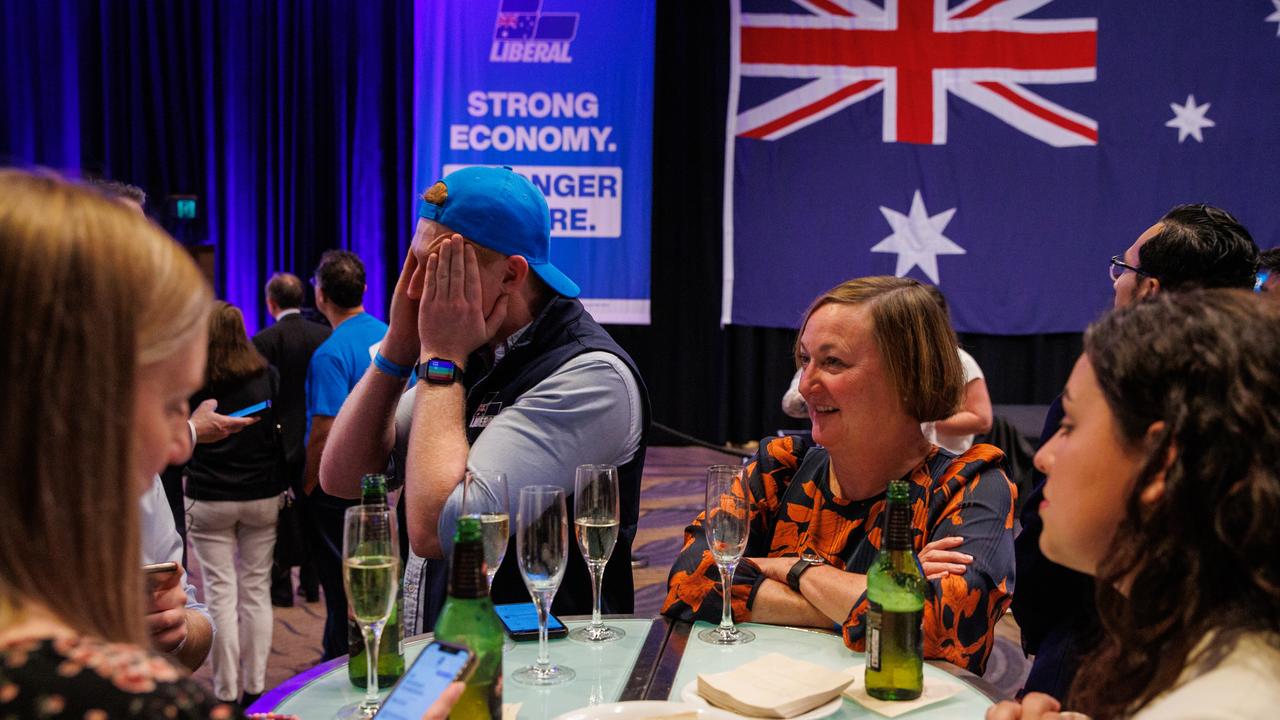 The Liberal Party wait for Prime Minister Scott Morrison, Jenny Morrison and daughters Abbey and Lily. Picture: Jason Edwards