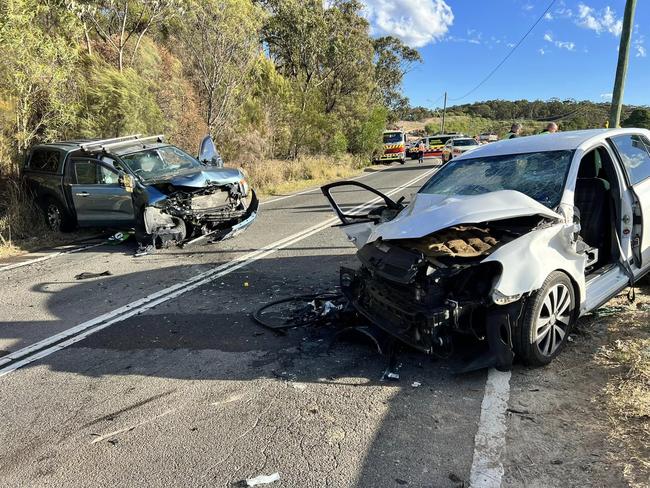 A head on crash between a ute and hatchback on Mona Vale Rd at Ingleside on August 10 left three people, including an elderly couple, in Royal North Shore Hospital. Picture: Terrey Hills Rural Fire Service