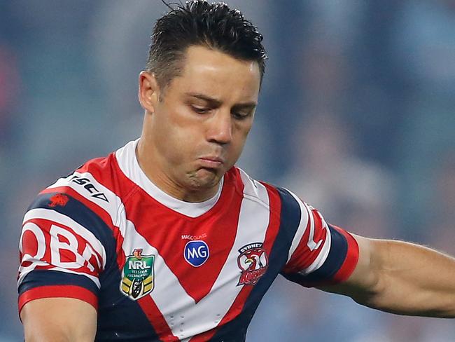 Cooper Cronk of the Roosters kicks ahead during the Qualifying Final between the Sydney Roosters and the Cronulla-Sutherland Sharks in Week 1 of the NRL Finals Series at Allianz Stadium in Sydney, Saturday, September 8, 2018. (AAP Image/Steve Christo) NO ARCHIVING, EDITORIAL USE ONLY