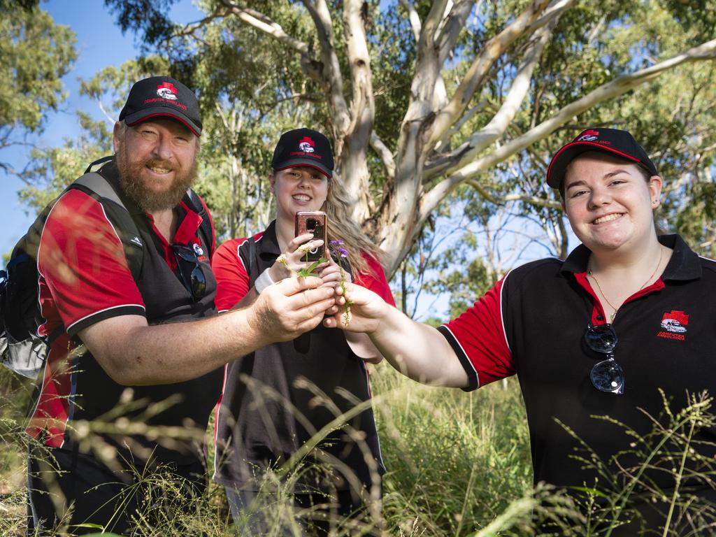 Computer Ambulance team members (from left) Mark Robin, Lauren McAdam and Annabelle McAdam take part in the scavenger hunt of Hike to Heal 2022 at Mt Peel Bushland Park, Saturday, February 19, 2022. Picture: Kevin Farmer