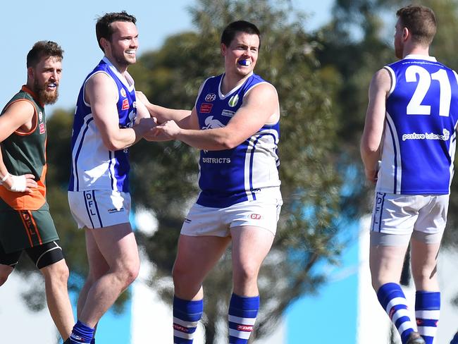 Coburg Districts celebrate a goal against Keilor Park on Saturday. Picture: Josie Hayden