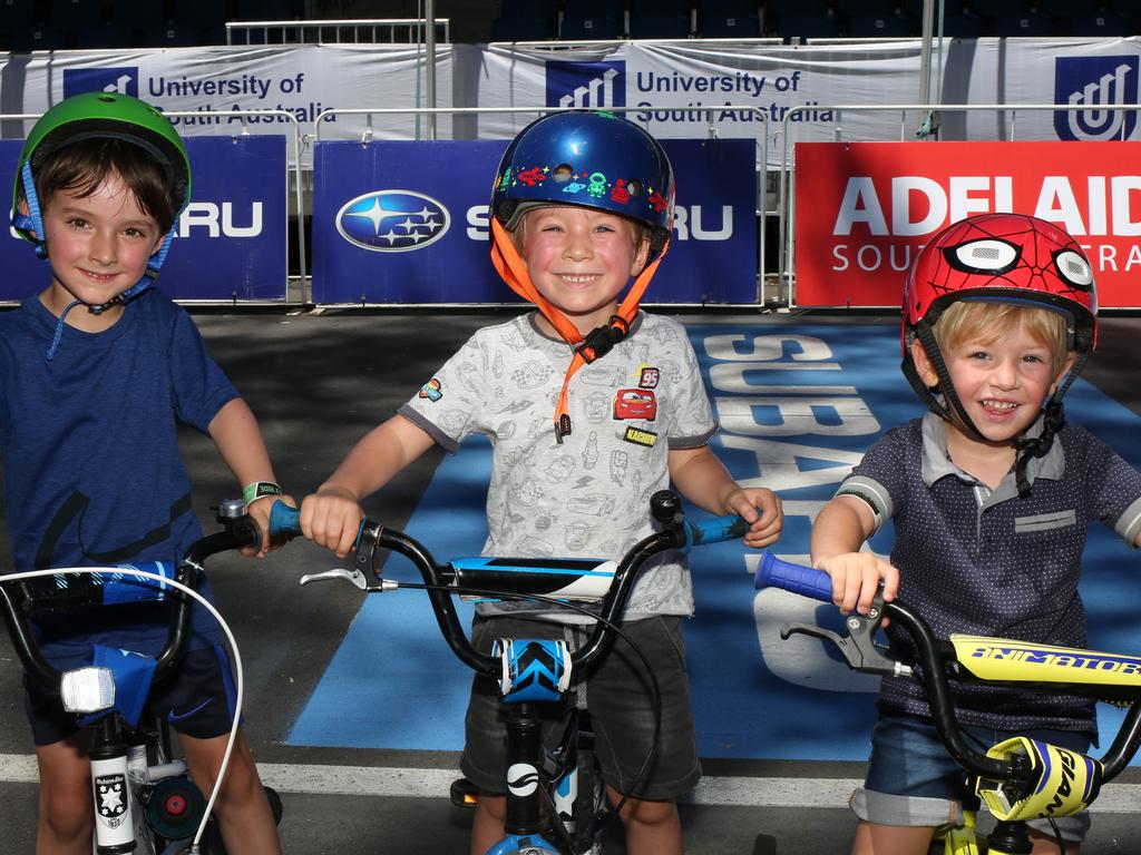 Jack, 5, Samuel, 5, and James, 3, participated in the Family Fun ride. Picture: AAP/Emma Brasier