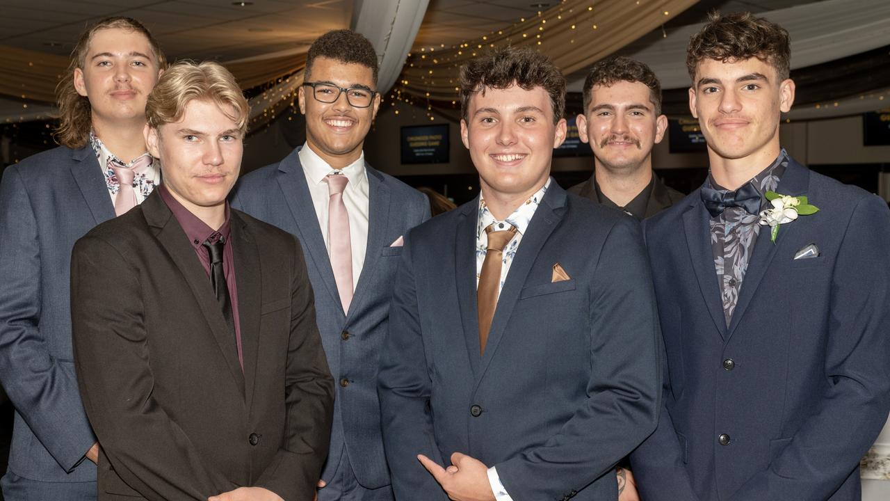 Alec Hampton, Matthew Ten-Dam, Jacob Jobe, Clayton William, Jahmayn Hicks and Damien Fox at Sarina State High School Year 12 Formal Wednesday 16 November 2022. Picture: Michaela Harlow