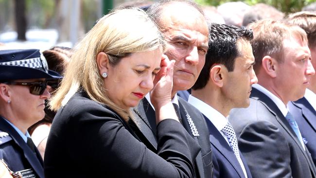 Queensland Premier Annastacia Palaszczuk at the memorial service with full police honours for Constable Rachel McCrow and Constable Matthew Arnold. Picture: Steve Pohlner