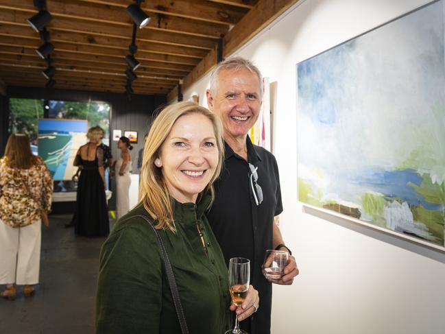 The Next Big Thing finalist Narelle Gibbs with Chris Gibbs admire her work Coming Home at The Toowoomba Gallery, Friday, March 1, 2024. Picture: Kevin Farmer