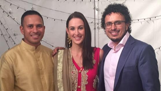 Usman Khawaja (left), his wife Rachel and his brother Arsalan (right) during an April 2018 Ramadan celebration in Sydney.