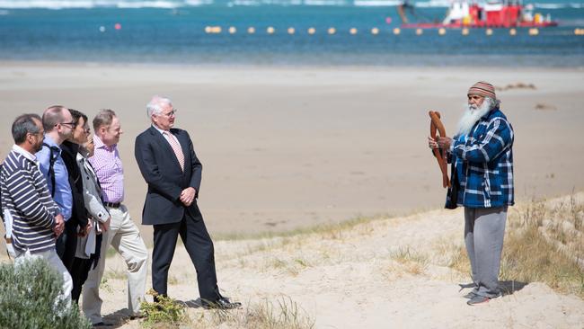 IN DEPTH: Commission members receive a traditional welcome from Ngarrindjeri elder Major Sumner. Picture: Leon Mead