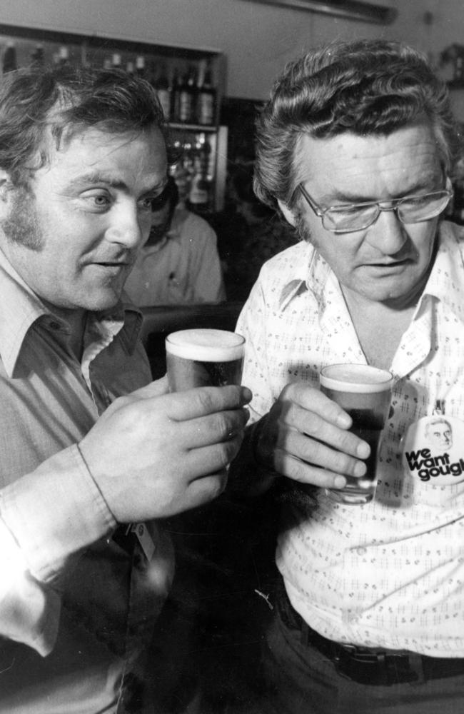 Bob Hawke sharing a beer with Bill Landeryou, then secretary of the Storeman and Packers Union. Melbourne, 1975. Picture: Supplied.