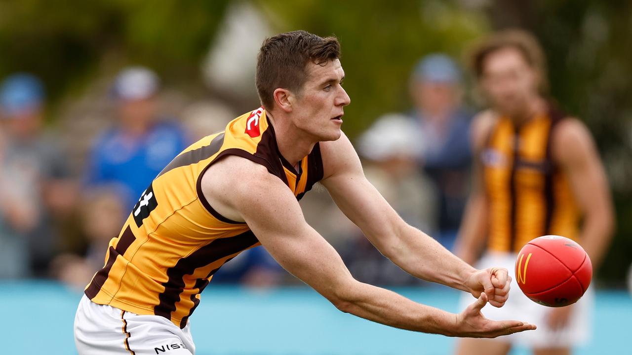 MELBOURNE, AUSTRALIA – FEBRUARY 23: Ethan Phillips of the Hawks in action during the AFL 2024 Match Simulation between the Western Bulldogs and Hawthorn at Whitten Oval on February 23, 2024 in Melbourne, Australia. (Photo by Michael Willson/AFL Photos via Getty Images)