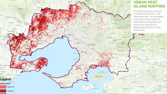 202020 Vision map of heat islands in Melbourne. The most affected areas are Sunbury and Melton in the west.