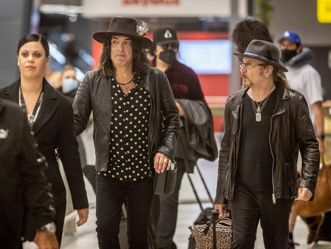 Paul Stanley (left) and Eric Singer upon arrival at Melbourne Airport to begin the Australian leg of the End of the Road Tour. Picture: Jake Nowakowski
