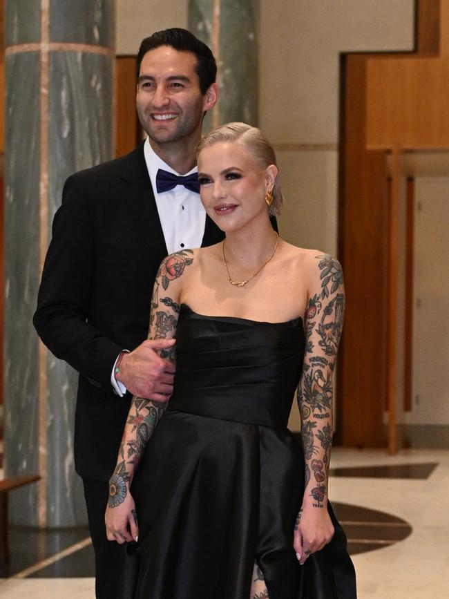 Jewish Labor MP Josh Burns and his partner pro-Palestinian Animal Justice Party MP Georgie Purcell at the 2024 Midwinter Ball. Picture: AAP