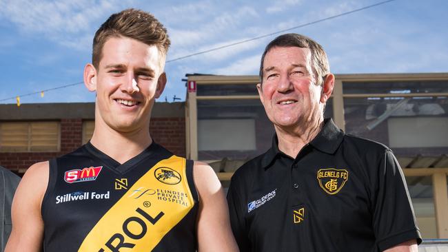 Glenelg player Elliot Chalmers and CEO Glen Elliot at Gliderol Stadium in Glenelg. Picture: MATT LOXTON