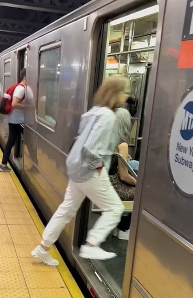 Hollywood Legend Jodie Foster tripped on the train’s step as she boarded the subway in New York on May 11. Picture: BrosNYC / BACKGRID
