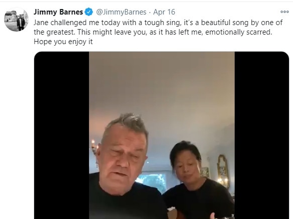 Jimmy Barnes with his wife singing daily lockdown songs on Twitter during Covid Picture: Twitter