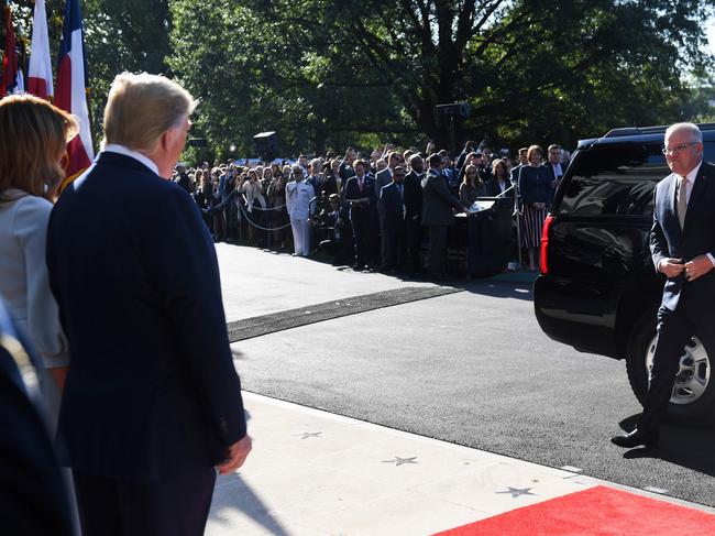 US President Donald Trump and First Lady Melania Trump welcome Australian Prime Minister Scott Morrison during an arrival ceremony. Picture: AFP