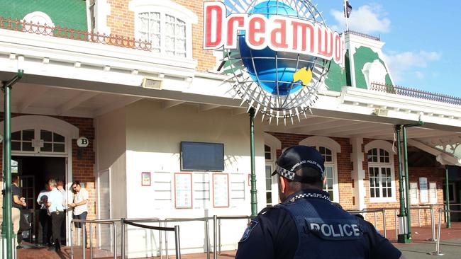 A police officer stands in front of the Dreamworld theme park on Gold Coast the day of the tragedy: Picture: AFP PHOTO / Tertius Pickard