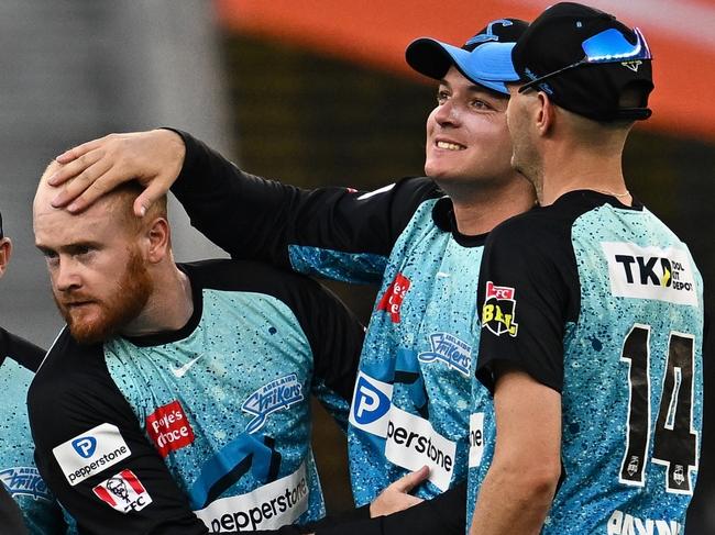 PERTH, AUSTRALIA - JANUARY 20: Lloyd Pope of the Adelaide Strikers celebrates taking a wicket during the BBL match between Perth Scorchers and Adelaide Strikers at Optus Stadium, on January 20, 2024, in Perth, Australia. (Photo by Daniel Carson/Getty Images)