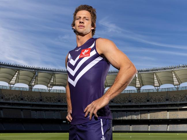 PERTH, AUSTRALIA - MARCH 09: Nat Fyfe of the Dockers poses during 2022 AFL Premiership Captain's Day at Optus Stadium on March 09, 2022 in Perth, Australia.  (Photo by Paul Kane/Getty Images)