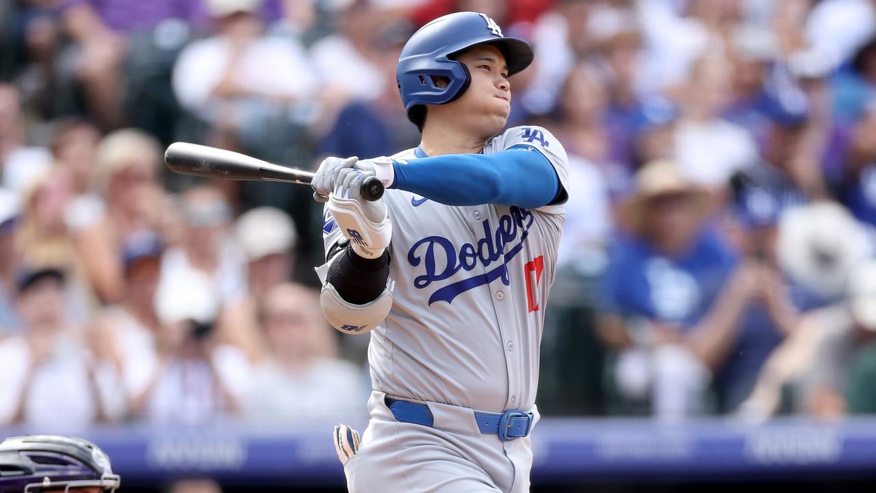 DENVER, COLORADO - SEPTEMBER 29: Shohei Ohtani #17 of the Los Angeles Dodgers hits a single against the Colorado Rockies eighth inning at Coors Field on September 29, 2024 in Denver, Colorado. (Photo by Matthew Stockman/Getty Images)