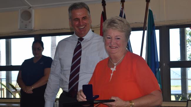 Burdekin MP Dale Last presents Bowen Senior Citizen of the Year Chris Coventry with her award at the Australia Day Awards Presentation. Photo: Elyse Wurm
