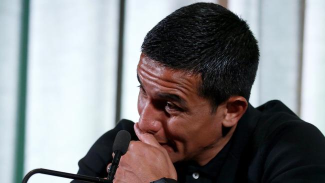 Tim Cahill is emotional as he speaks about his family at Friday’s retirement announcement in Sydney. Picture: Toby Zerna